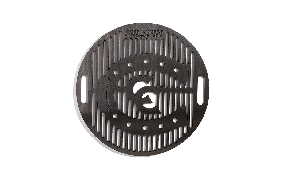 Country Cannabis Custom Grill Gate. Steel grill grate with large Country logo that features a horseshoe in the middle of grate. Inside of horseshoe are two c's intertwined. This is manufactured by Milspin.