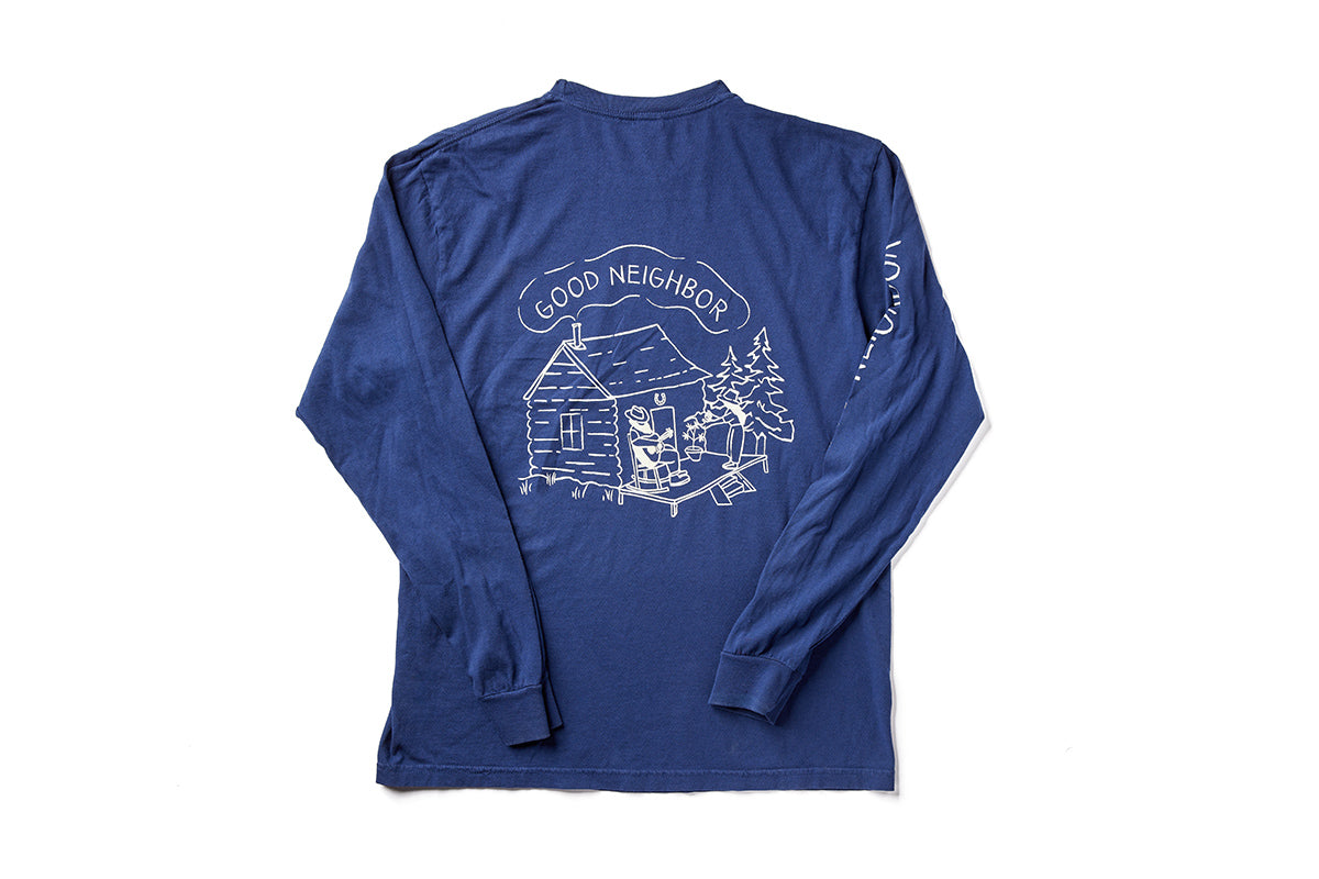 Back print of navy blue Country Cannabis long sleeve. White good neighbor drawing on back.